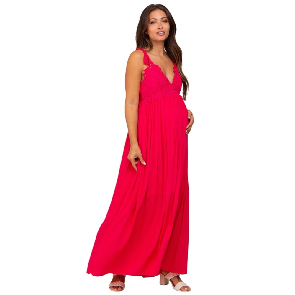 Pinkblush Maternity Boho Fuchsia Crochet Lace Maxi Dress Small Tie Strap Tassel